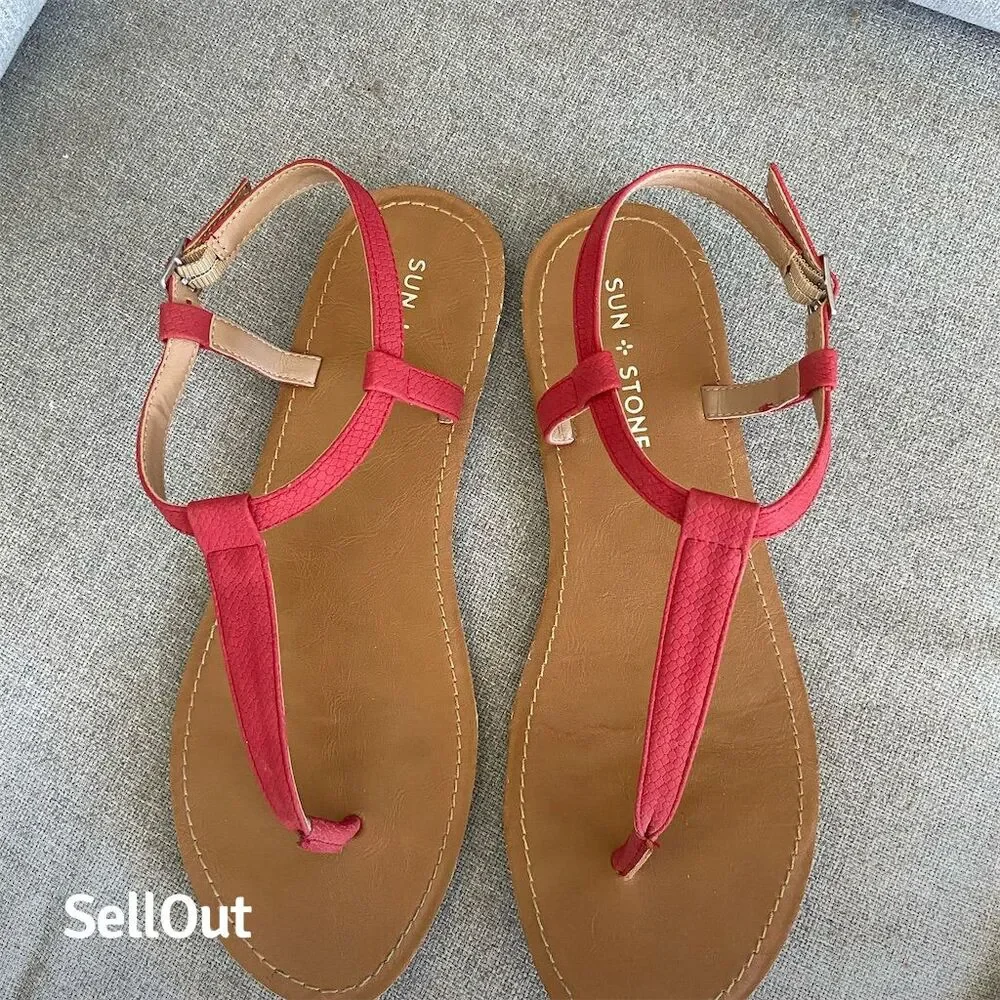 Sun + Stone Women's Red T-Strap Slingback Sandals Size 7.5